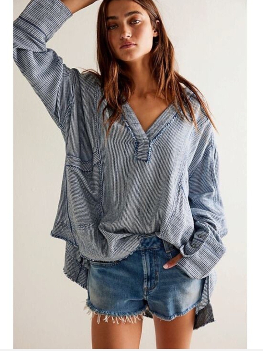 We The Free Blue Striped V-Neck Tunic Top "By The Shore"
